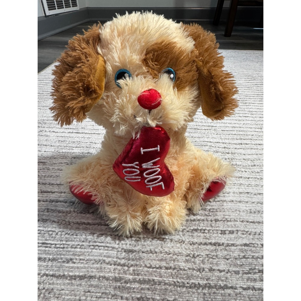 Valentine Puppy Plush Dog I Woof You Heart Stuffed Animal Tan Brown 9 Inch